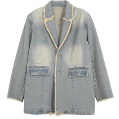 Light wash blue oversized blazer with raw edges, notched lapel and flap patch pockets