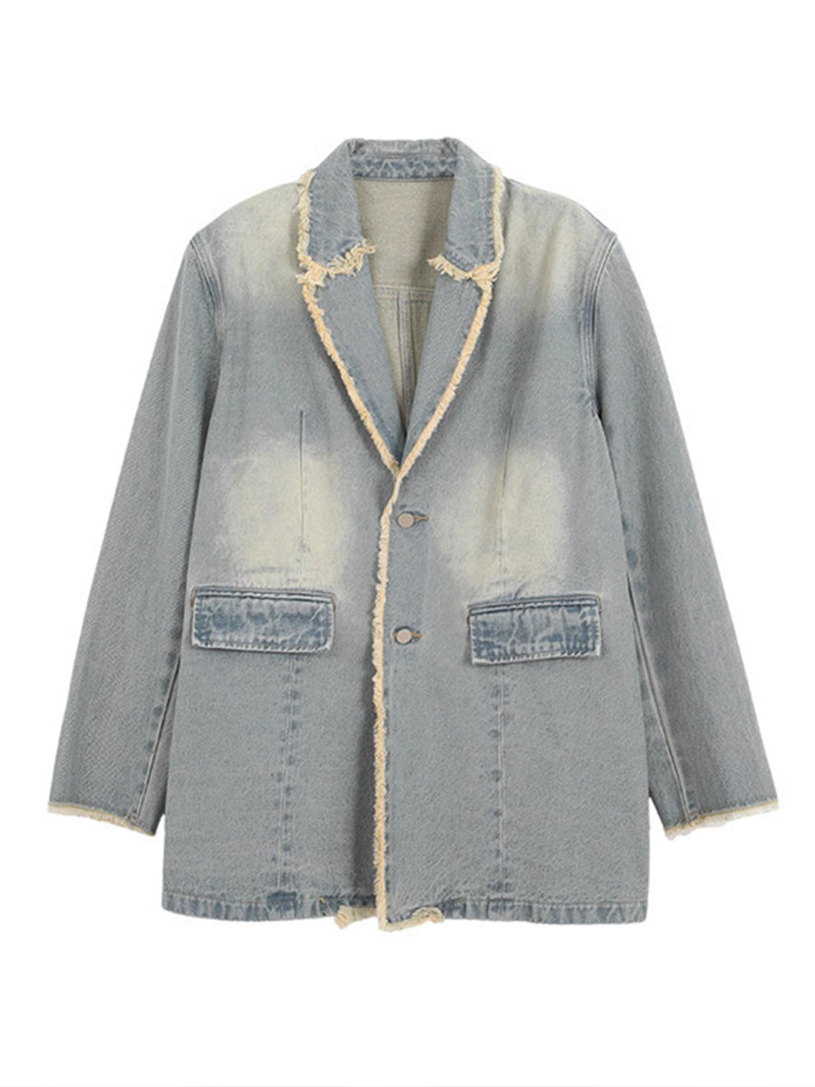 Light wash blue oversized blazer with raw edges, notched lapel and flap patch pockets