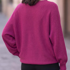 Rose red round neck long sleeve loose knitted pullover with ribbed neckline, cuffs and hem