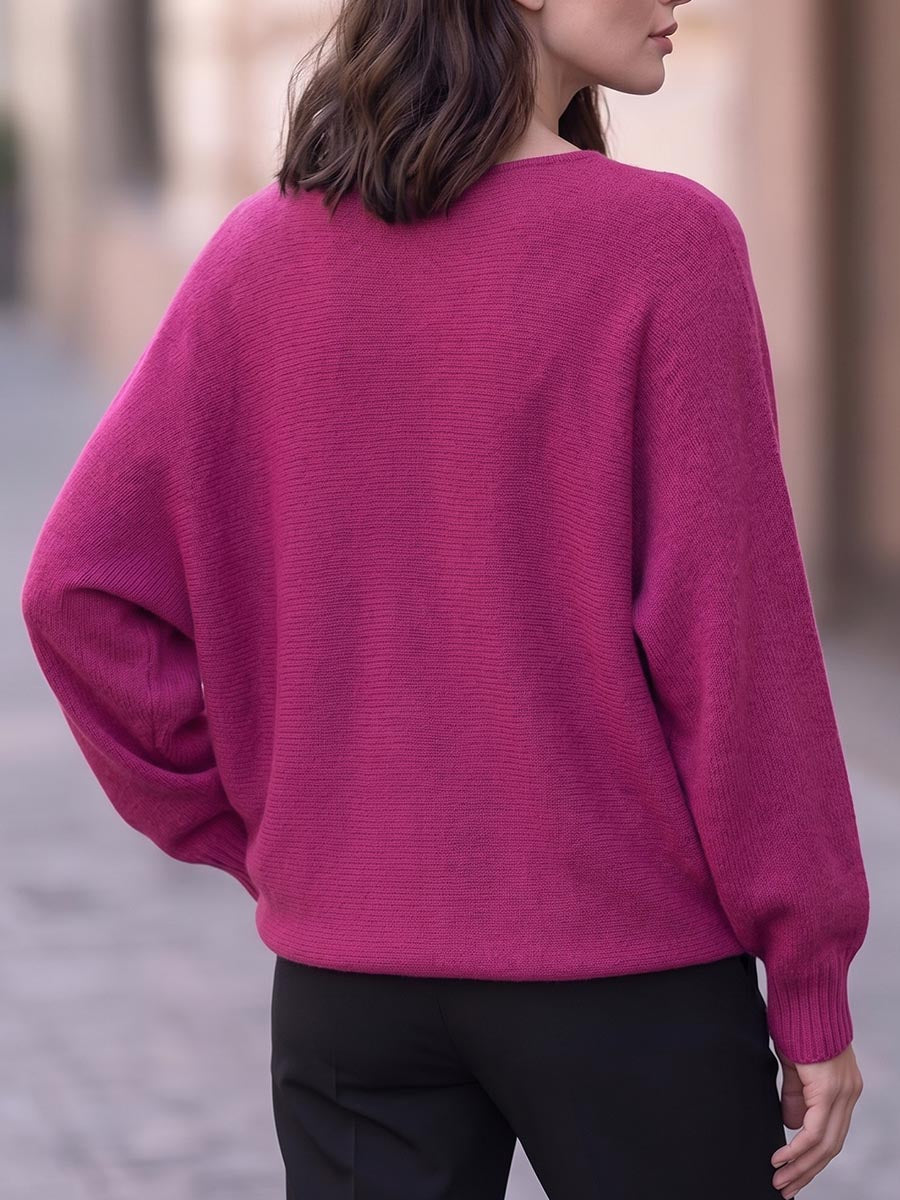 Rose red round neck long sleeve loose knitted pullover with ribbed neckline, cuffs and hem
