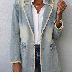 Light wash blue oversized blazer with raw edges, notched lapel and flap patch pockets