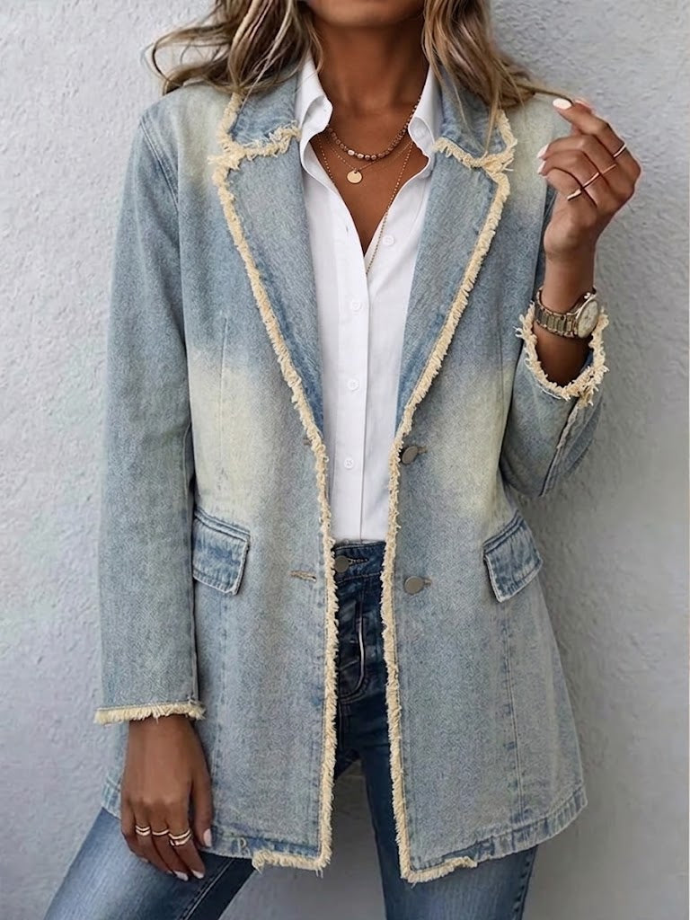 Light wash blue oversized blazer with raw edges, notched lapel and flap patch pockets