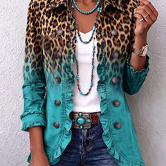 Fitted leopard ombre print blazer jacket with ruffle trim and gently flared hem