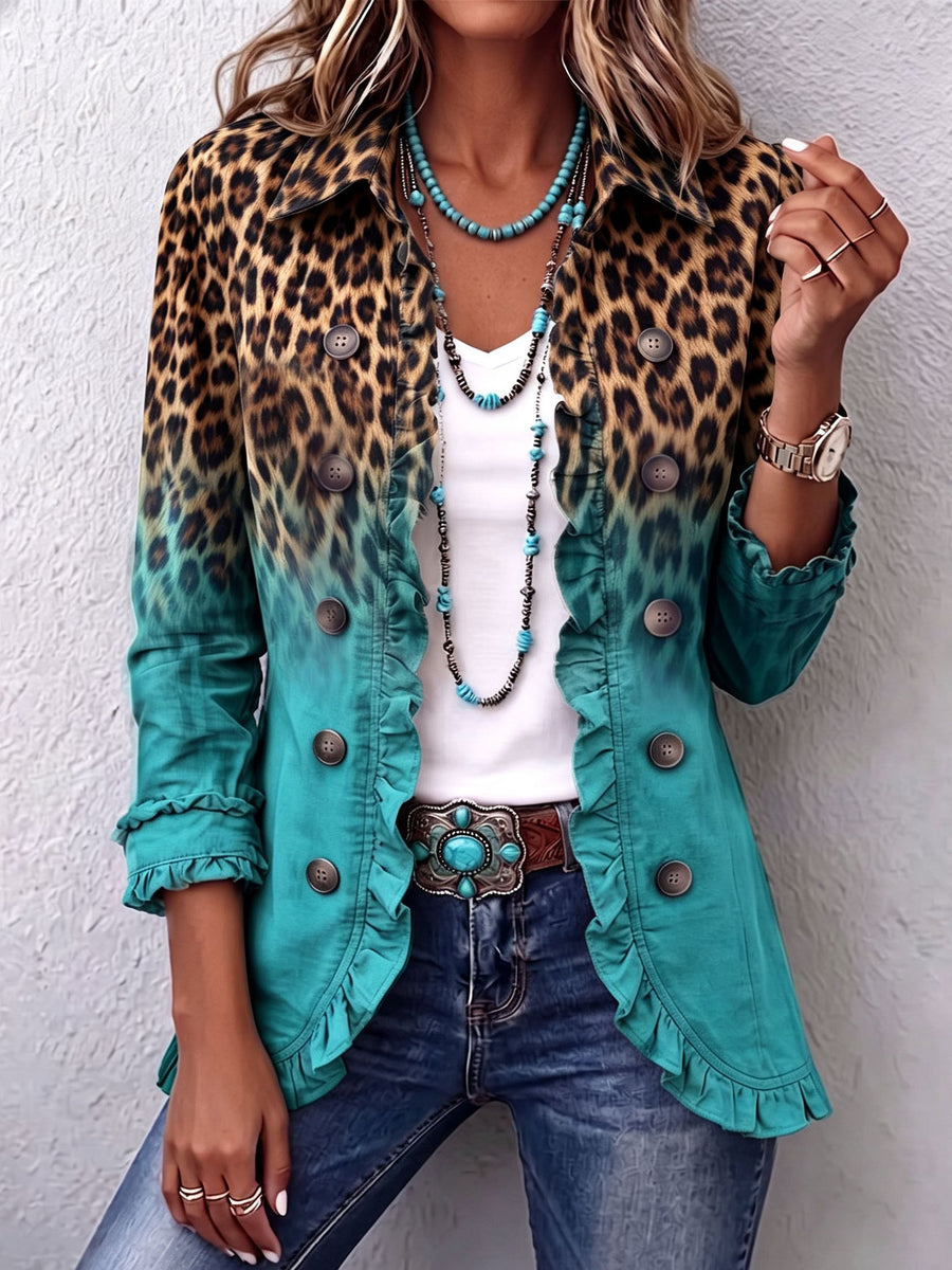 Fitted leopard ombre print blazer jacket with ruffle trim and gently flared hem