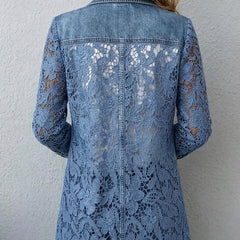 Denim blue relaxed-fit blazer jacket with floral lace paneling and scalloped hem