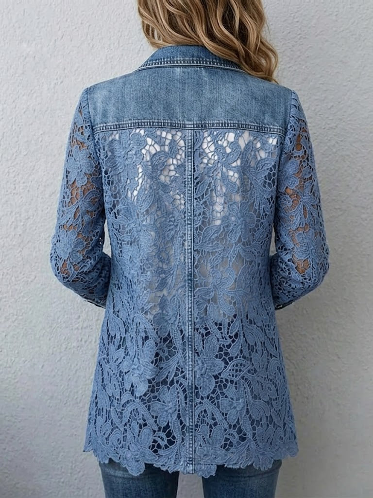 Denim blue relaxed-fit blazer jacket with floral lace paneling and scalloped hem