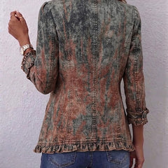 Desert wash vintage gradient ruffle jacket with shirt collar and double button rows