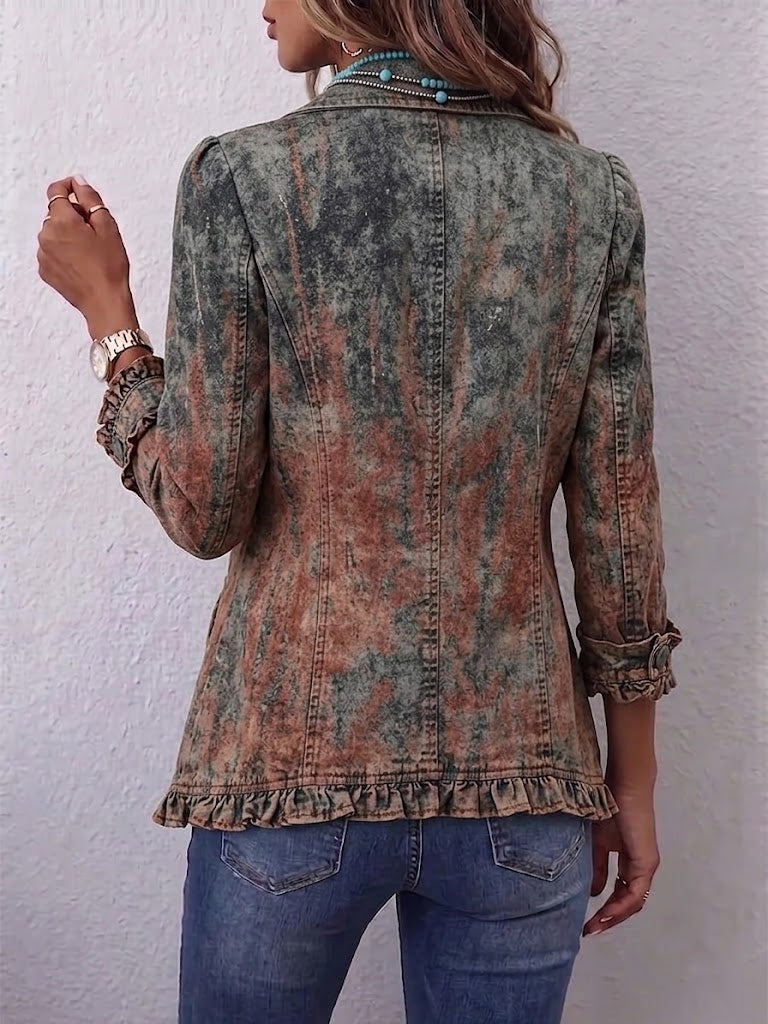 Desert wash vintage gradient ruffle jacket with shirt collar and double button rows