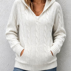 Corabelle cable-knit V-neck hooded sweater in a relaxed fit, shown in neutral tones
