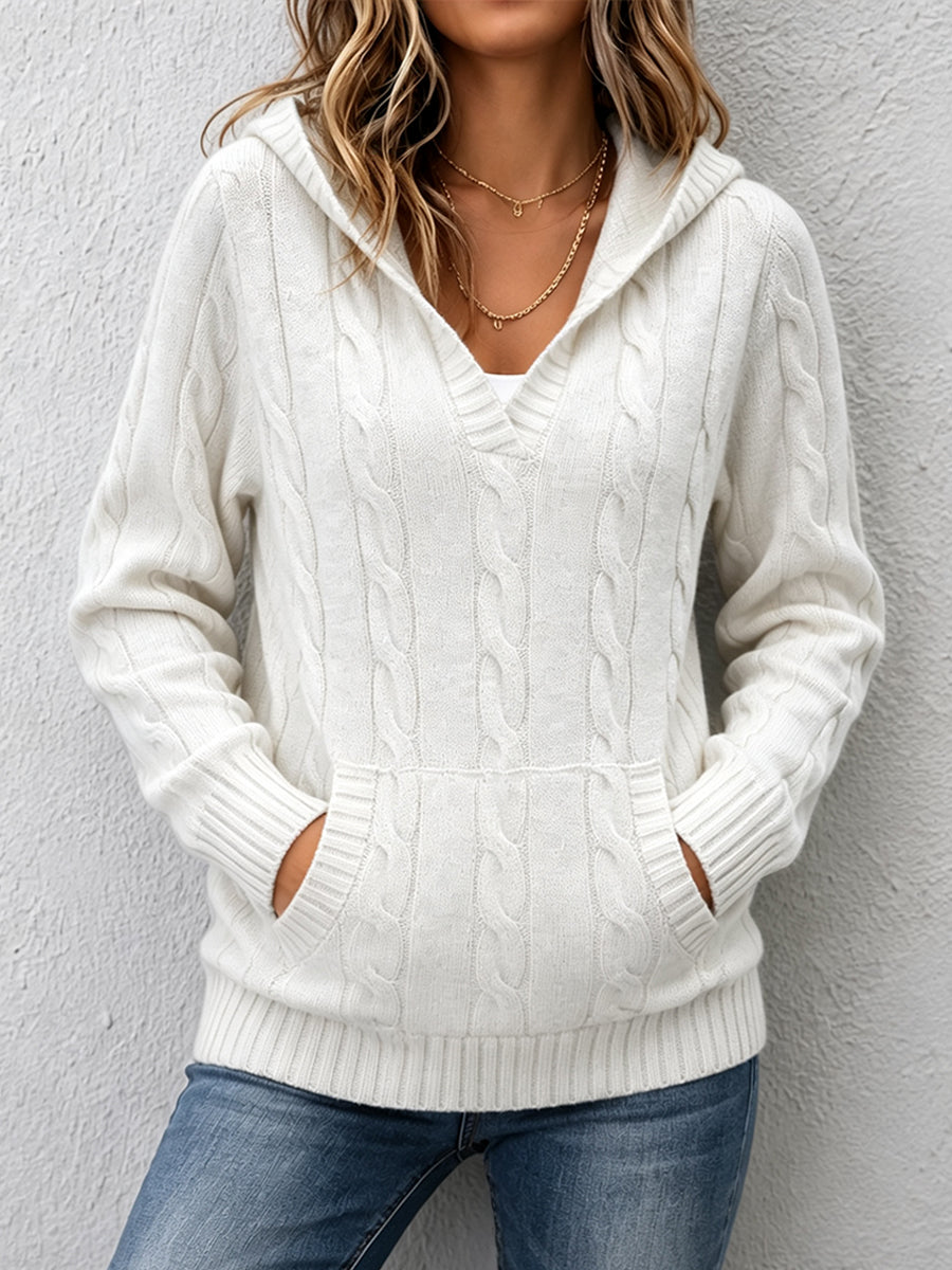 Corabelle cable-knit V-neck hooded sweater in a relaxed fit, shown in neutral tones