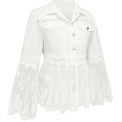 White lace-panel jacket with floral trim, sheer tulle hem and three-quarter flared sleeves