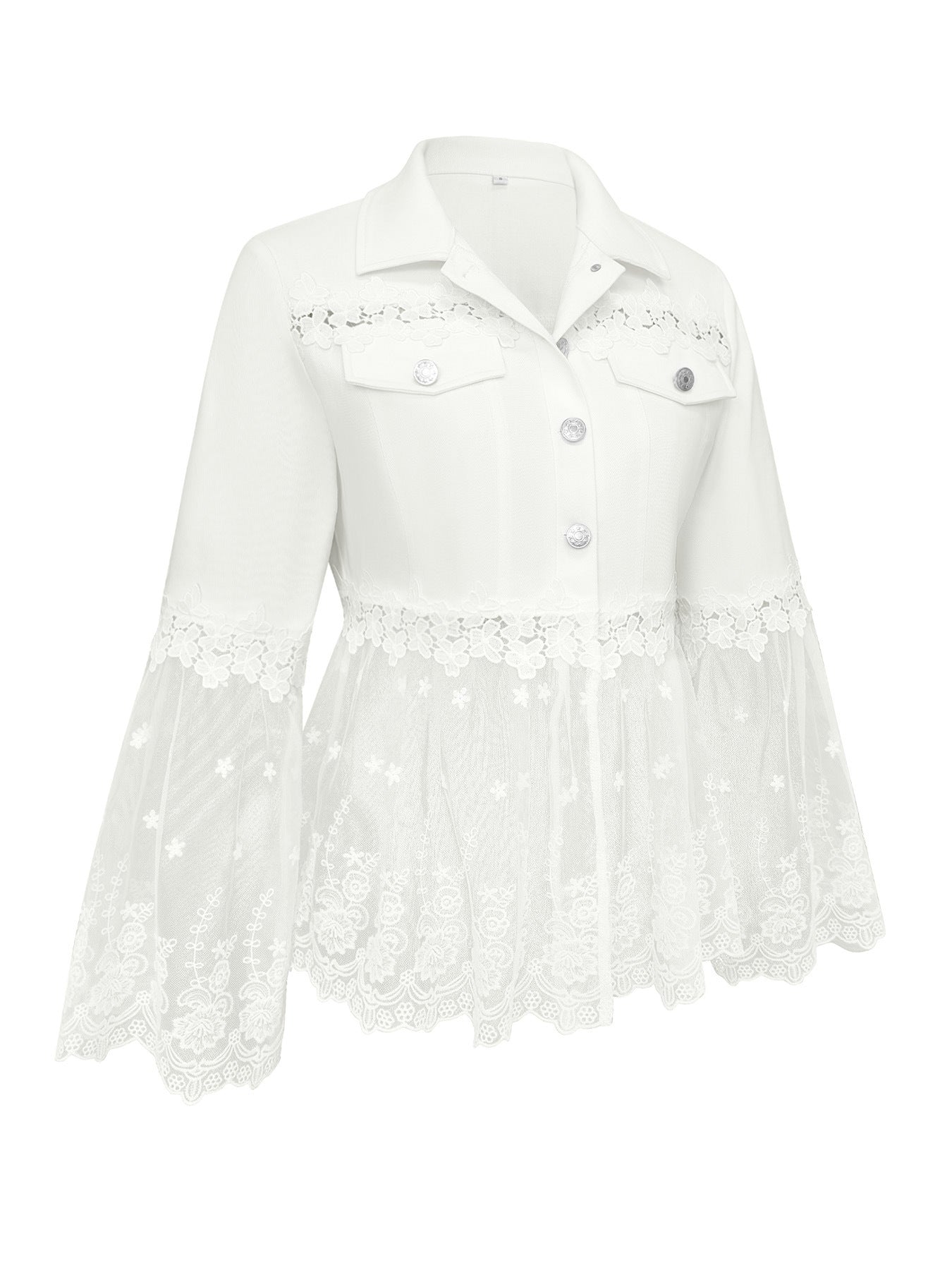 White lace-panel jacket with floral trim, sheer tulle hem and three-quarter flared sleeves