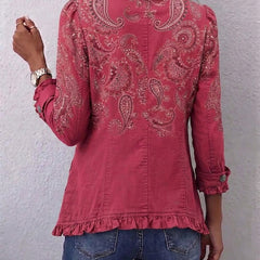 Rose pink vintage paisley print ruffled jacket with classic lapel and button front