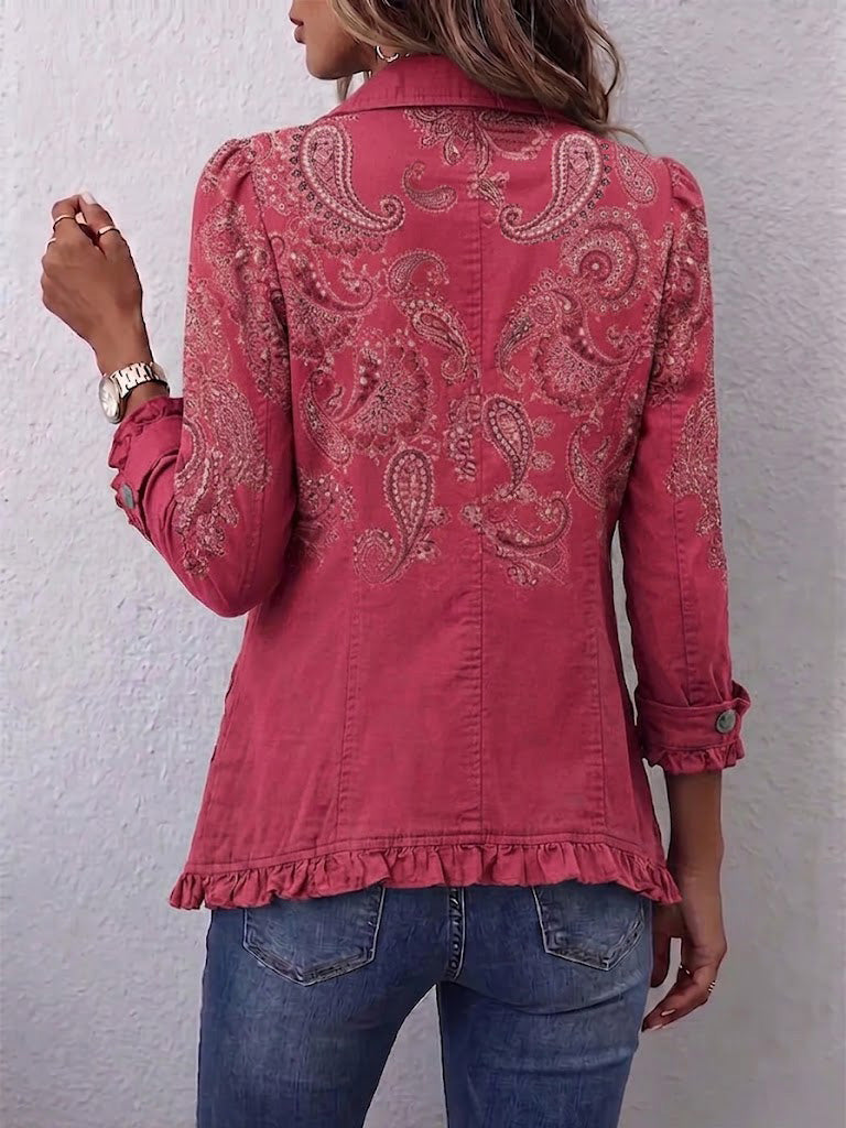 Rose pink vintage paisley print ruffled jacket with classic lapel and button front
