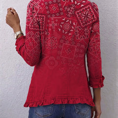 Red bohemian paisley ombré print ruffled jacket with lapel collar and double-breasted buttons