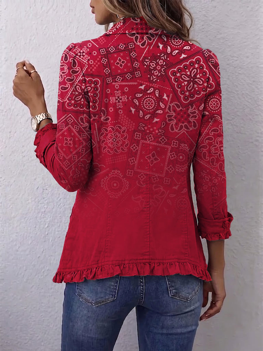 Red bohemian paisley ombré print ruffled jacket with lapel collar and double-breasted buttons