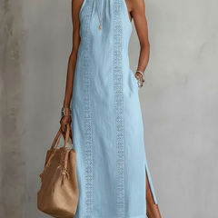 Jimena relaxed embroidered midi dress with mandarin collar and sleeveless cut