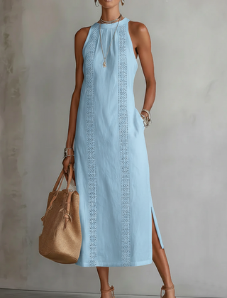 Jimena relaxed embroidered midi dress with mandarin collar and sleeveless cut