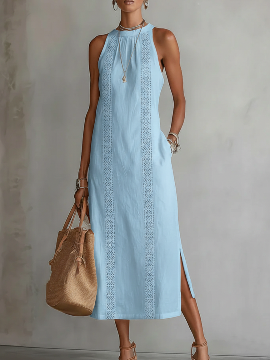 Jimena relaxed embroidered midi dress with mandarin collar and sleeveless cut