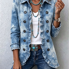 Blue boho botanical print jacket with ruffle-detail hem and hip-length cut