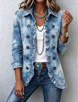 Blue boho botanical print jacket with ruffle-detail hem and hip-length cut