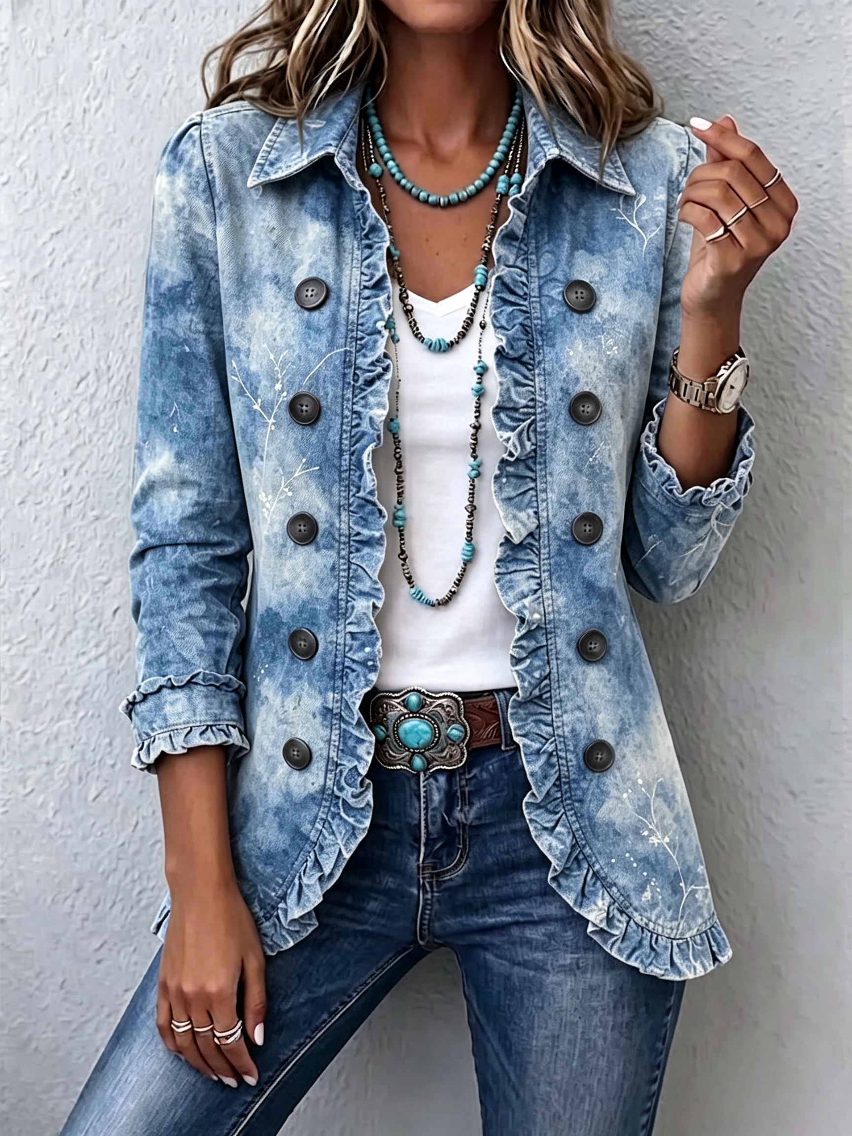 Blue boho botanical print jacket with ruffle-detail hem and hip-length cut