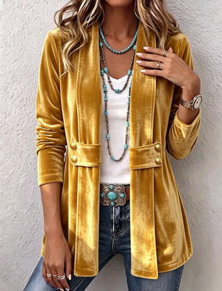 Women's Holliwell vintage lapel open front jacket with button accents and ruched long sleeves