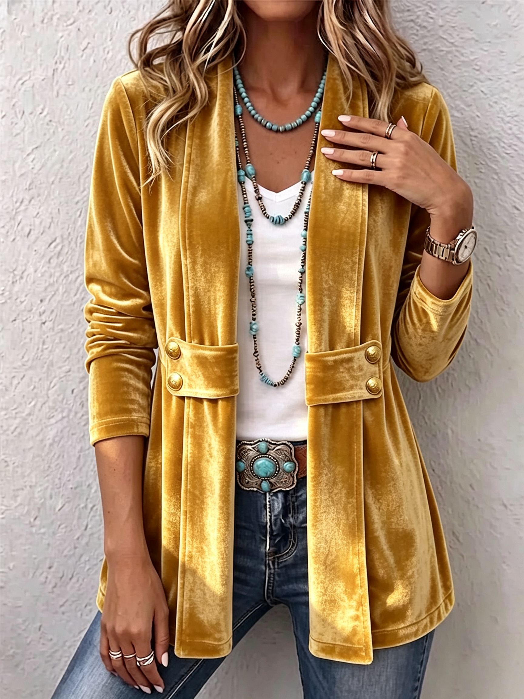 Women's Holliwell vintage lapel open front jacket with button accents and ruched long sleeves