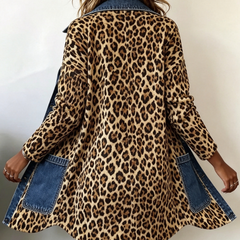 Leopard print longline jacket with blue denim panel detailing and relaxed fit