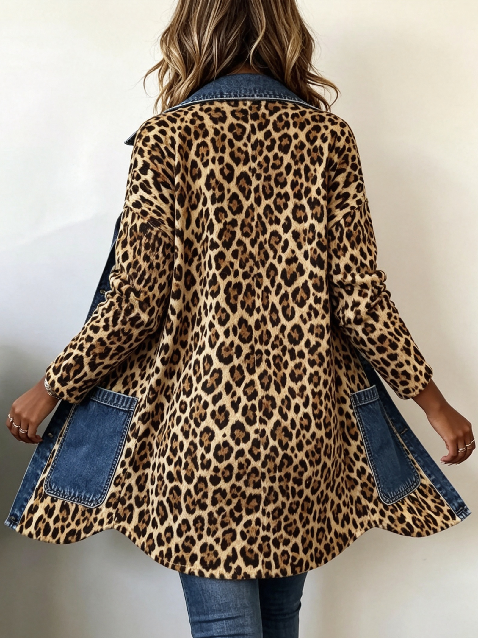 Leopard print longline jacket with blue denim panel detailing and relaxed fit
