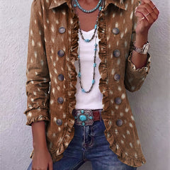 Brown animal-print bohemian jacket with ruffled hem and lapel collar