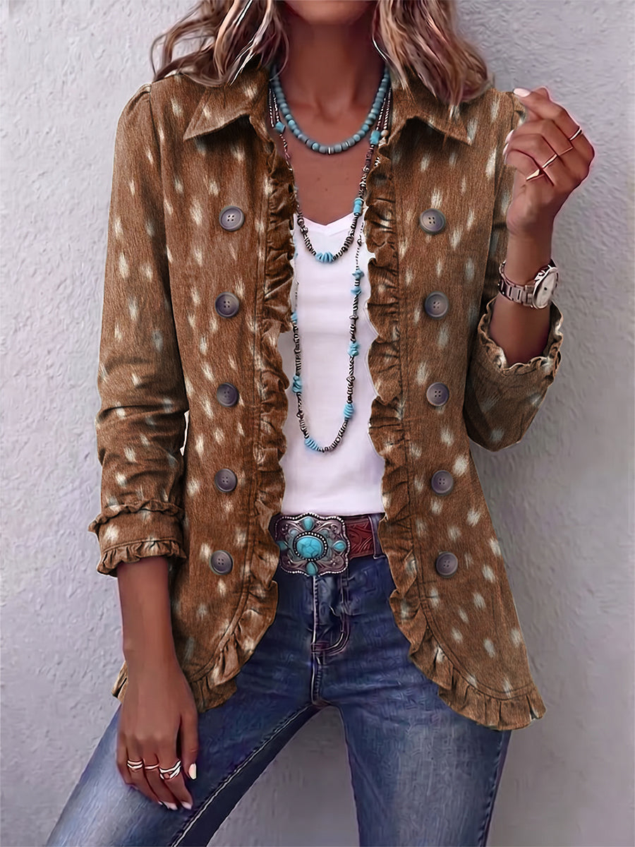 Brown animal-print bohemian jacket with ruffled hem and lapel collar