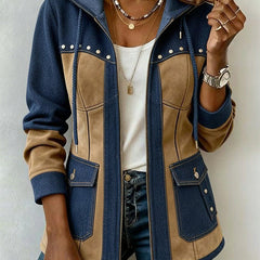 Navy and camel two-tone patchwork hooded jacket with stud detail and flap pockets