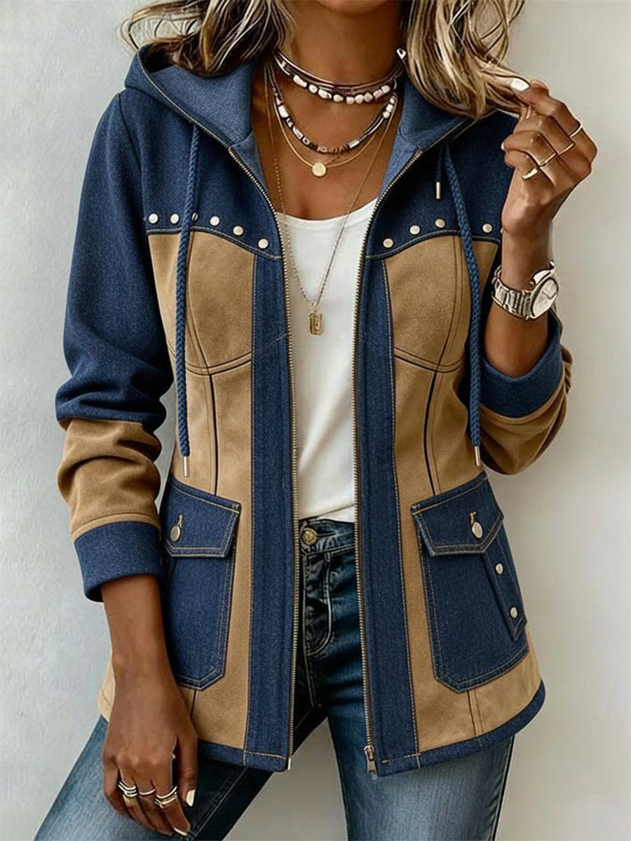 Navy and camel two-tone patchwork hooded jacket with stud detail and flap pockets