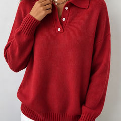 Women's polo hooded knit sweater with ribbed neckline, cuffs and hem in a relaxed fit