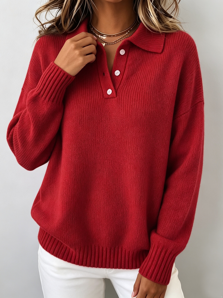 Women's polo hooded knit sweater with ribbed neckline, cuffs and hem in a relaxed fit