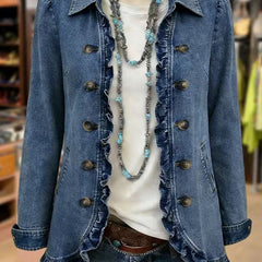 Medium blue ruffled button-front jacket with point collar and adjustable cuffs
