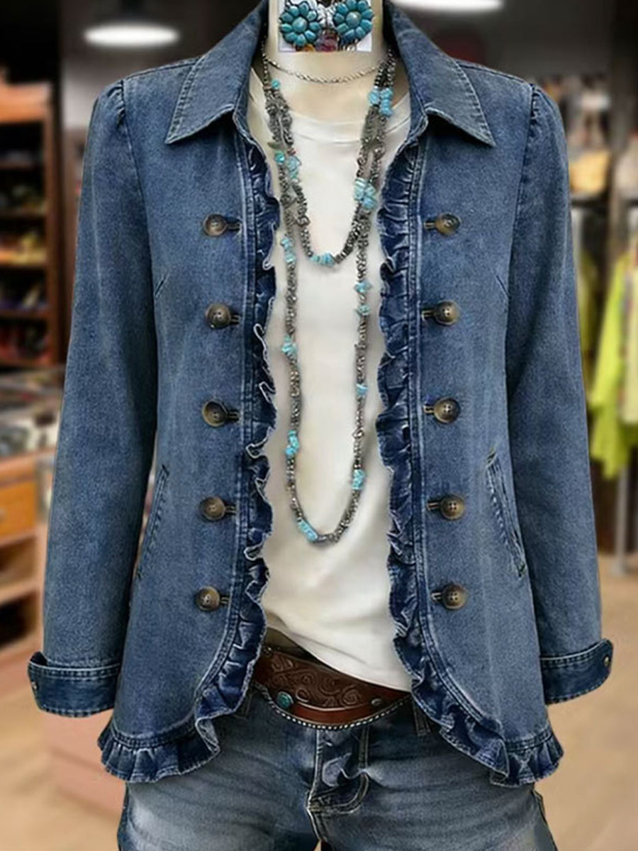 Medium blue ruffled button-front jacket with point collar and adjustable cuffs