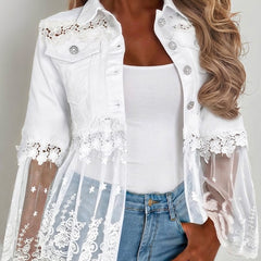 White lace-panel jacket with floral trim, sheer tulle hem and three-quarter flared sleeves