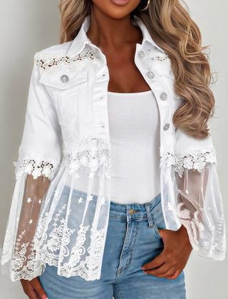 White lace-panel jacket with floral trim, sheer tulle hem and three-quarter flared sleeves