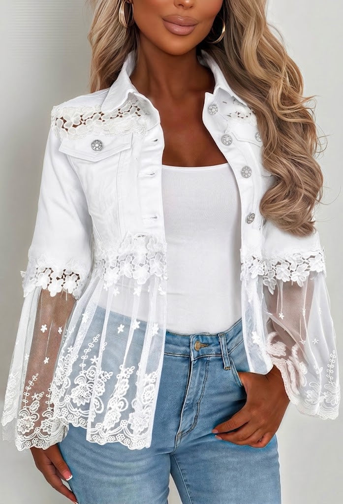 White lace-panel jacket with floral trim, sheer tulle hem and three-quarter flared sleeves