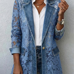 Denim blue relaxed-fit blazer jacket with floral lace paneling and scalloped hem