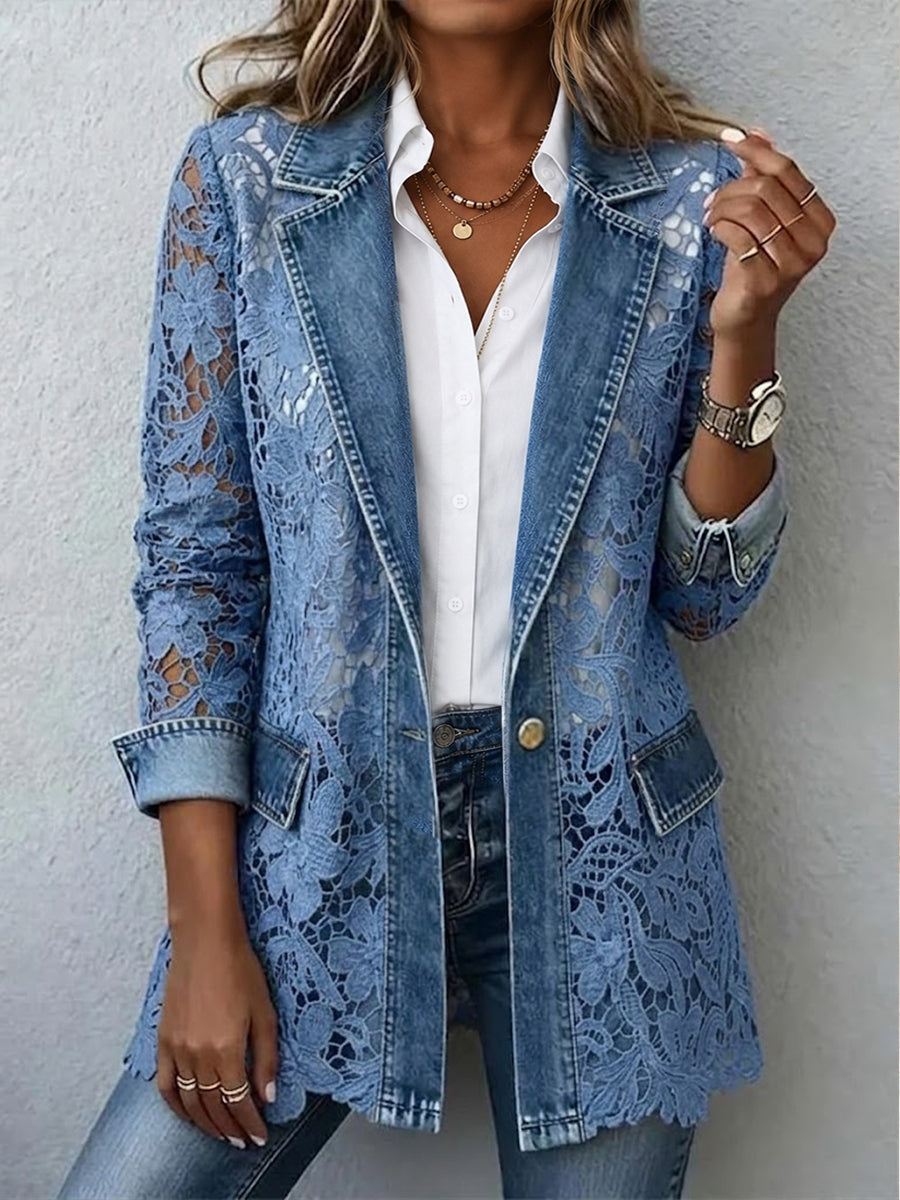 Denim blue relaxed-fit blazer jacket with floral lace paneling and scalloped hem