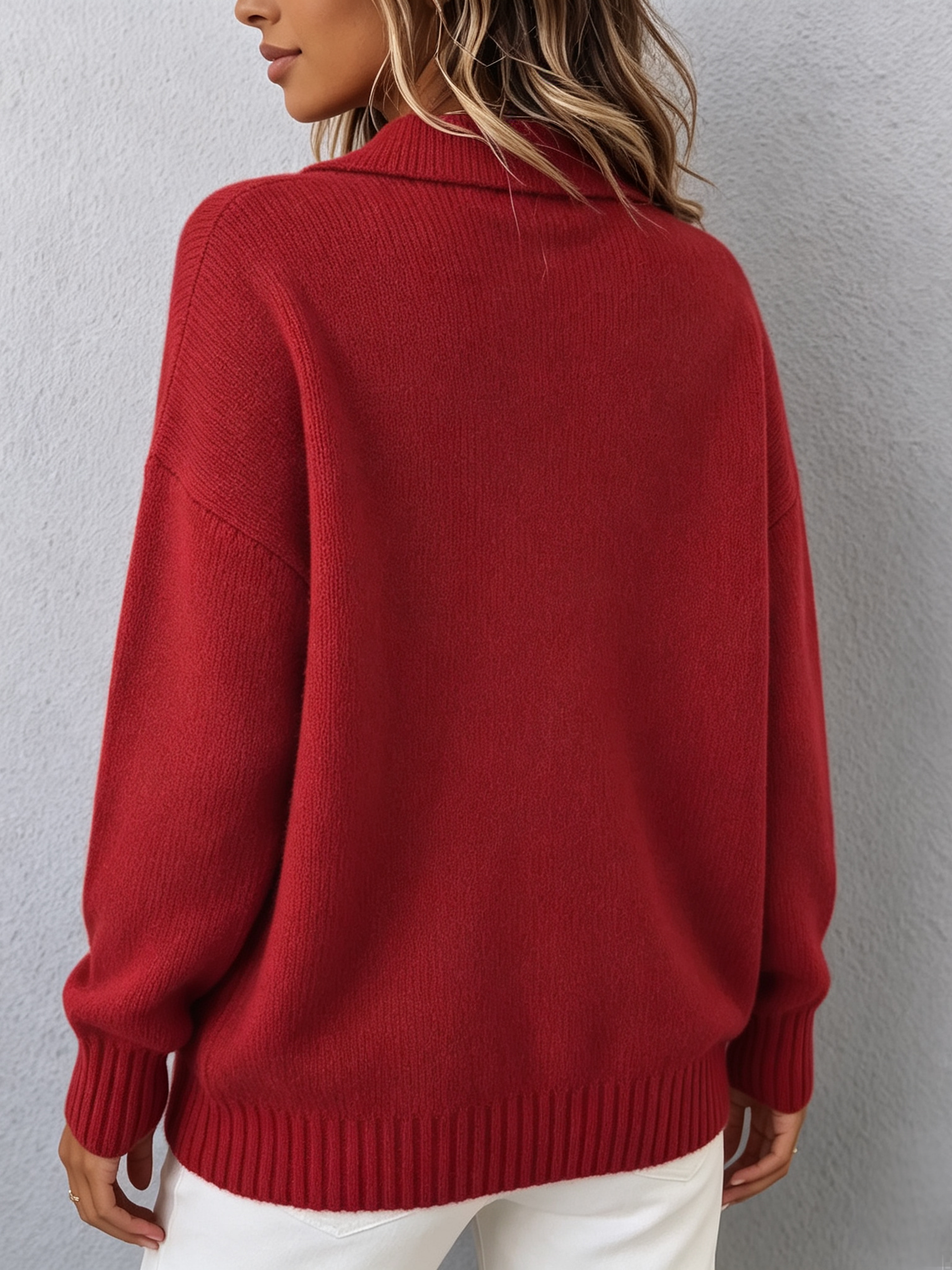 Women's polo hooded knit sweater with ribbed neckline, cuffs and hem in a relaxed fit