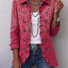 Rose pink vintage paisley print ruffled jacket with classic lapel and button front