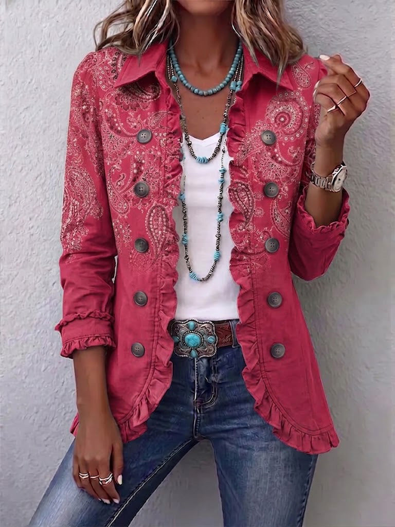 Rose pink vintage paisley print ruffled jacket with classic lapel and button front