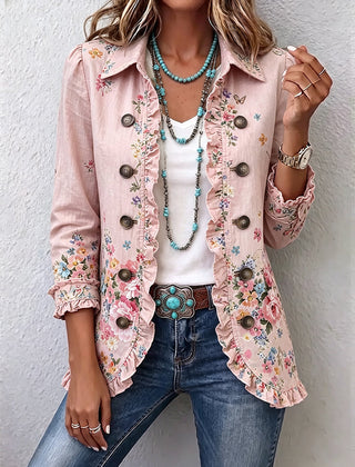 Pink floral ruffle-trim button-front jacket with double-breasted buttons, hip length