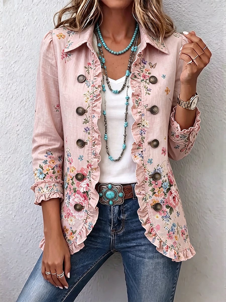 Pink floral ruffle-trim button-front jacket with double-breasted buttons, hip length