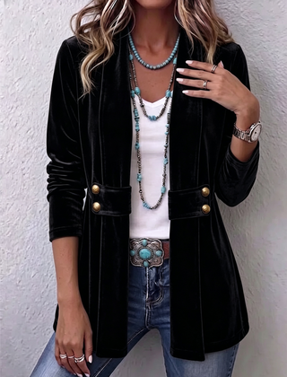 Women's Holliwell vintage lapel open front jacket with button accents and ruched long sleeves