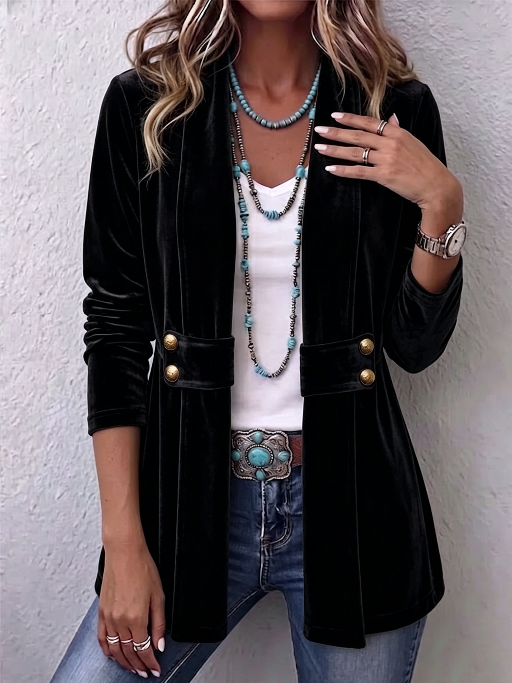 Women's Holliwell vintage lapel open front jacket with button accents and ruched long sleeves